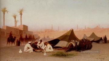  orientalista Lienzo - Una comida a última hora de la tarde en un campamento El orientalista árabe de El Cairo Charles Theodore Frere